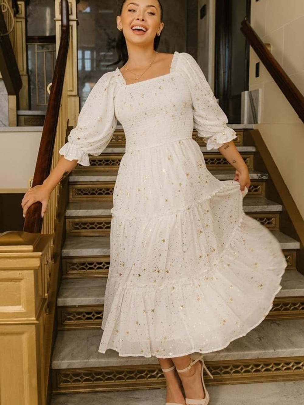 Nwt Ivy City Co White Midi Dress with Gold Star Accents